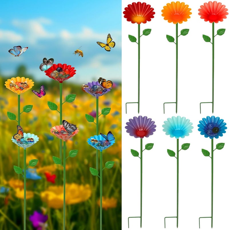 HEYTIMI 6 Pack Bee Watering Station, Bee Feeder for Garden Metal Butterfly Water Feeder Colorful Flower Design Bath Bowl with Glass Beads for Pollinators Outdoor Garden Yard & Patio Decor - Image 1